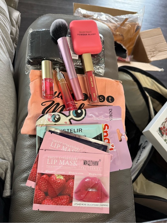 Other - Makeup Lot with Pink Brush & Lip Masks - Pink Peach Shades